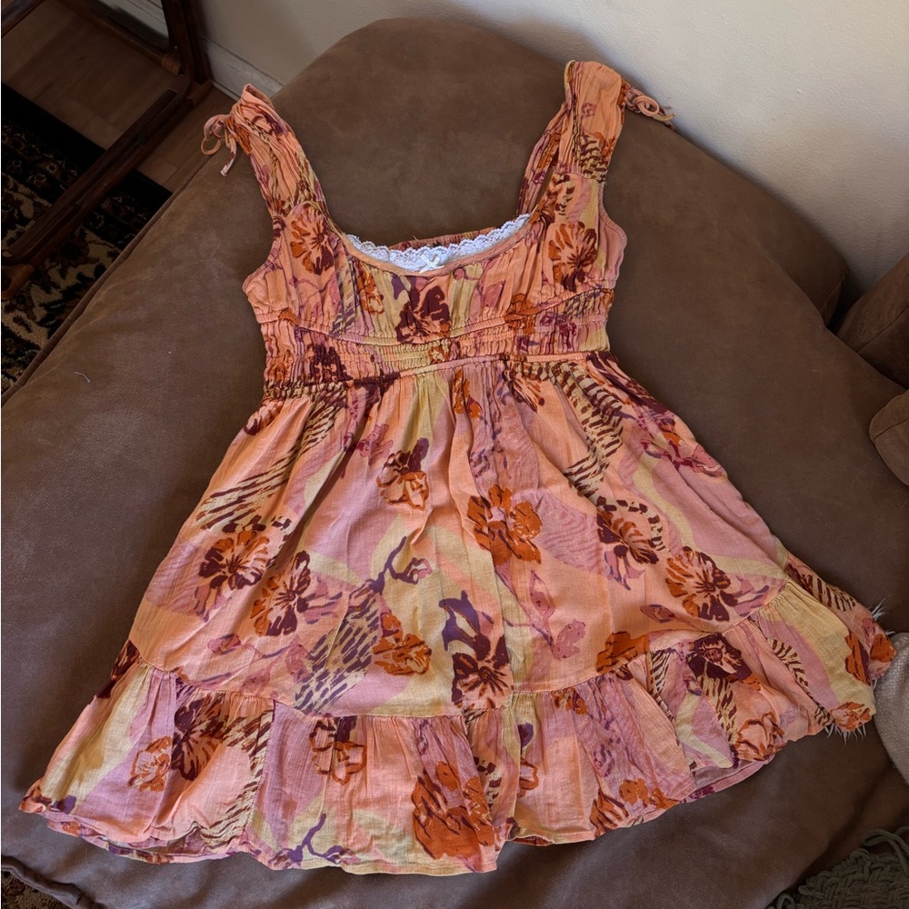 Free People Peach-Pink Floral Tie-Shoulder Dress